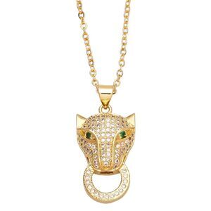 Leopard Necklace Pave and Emerald Green Eyes Gold Plated Stainless Steel